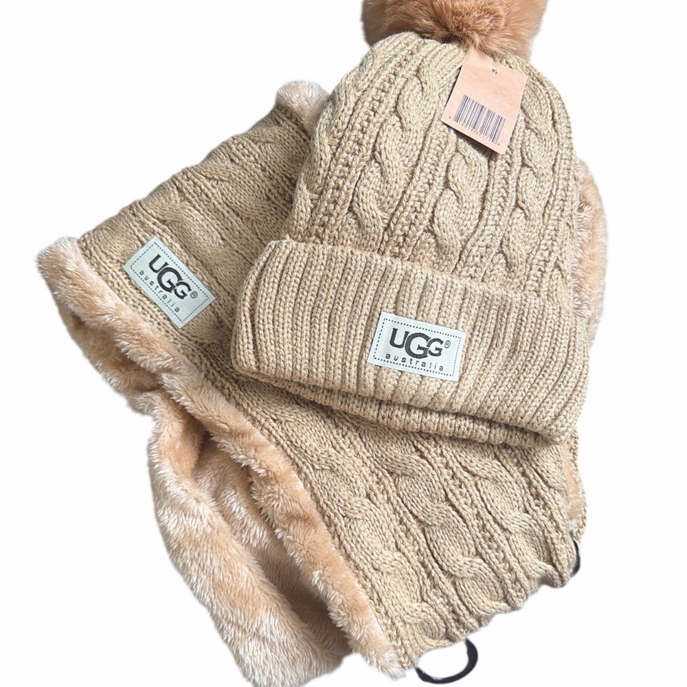 Tan Infinity Scarf & Hat Set Fleece Lined